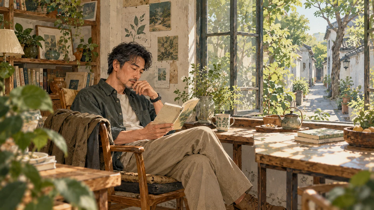 成年读者在明亮的窗边阅读一本书，把抽象解释放回自己的生活