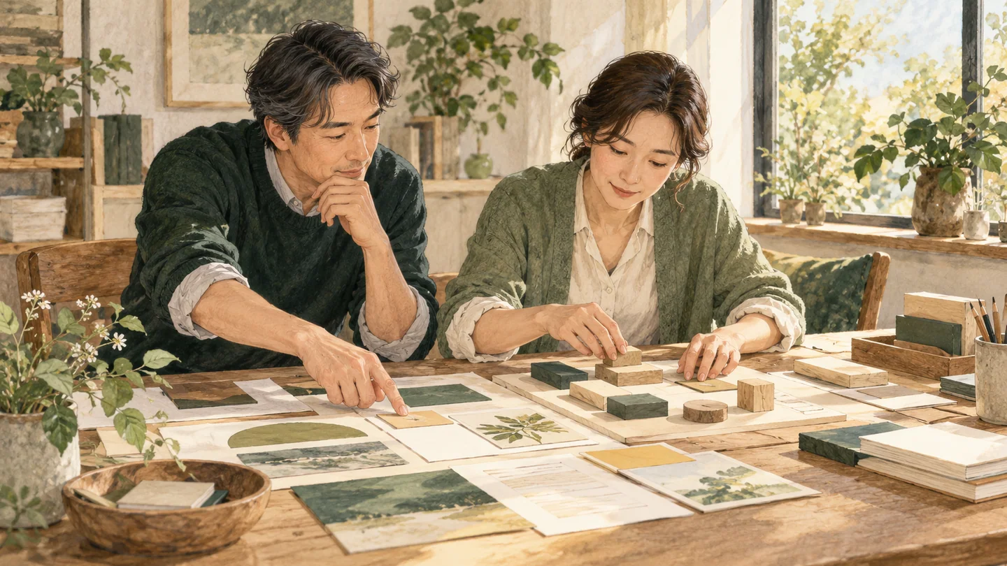 两位合作者围绕同一张工作桌分工整理材料