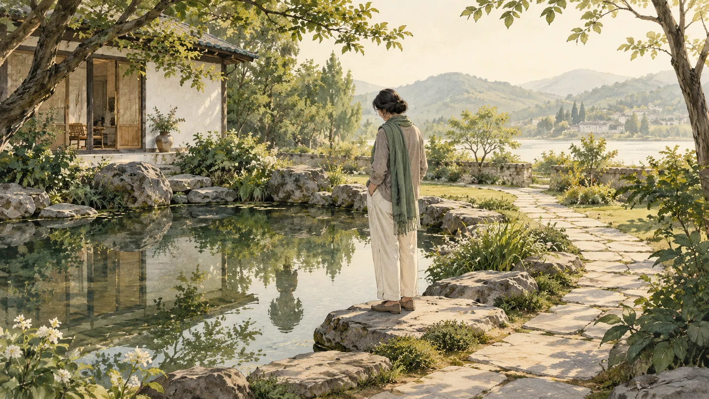 庭院水边的人物看向倒影，一条弯曲石径延伸向前